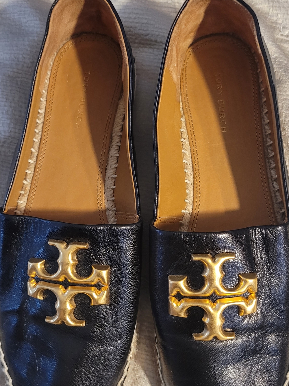 Tory Burch Black Leather Espadrille Flats with Gold Logo - Picture 11 of 13